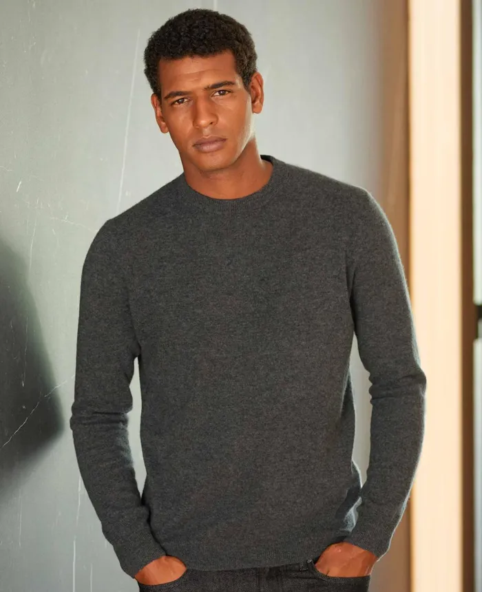 Savile Row Company Dark Grey Merino Wool Cashmere Crew Neck Jumper Dark Grey Men Knitwear