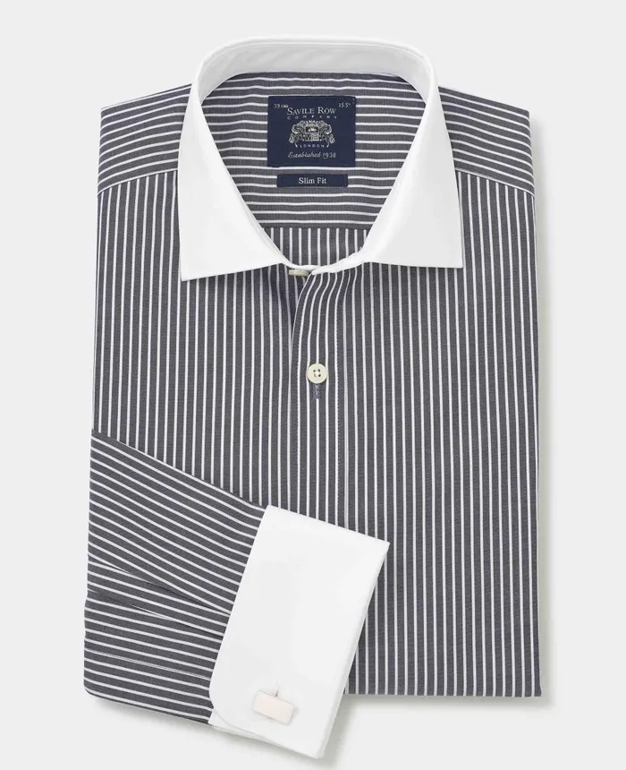 Savile Row Company Dark Navy Reverse Stripe Slim Fit Formal Shirt 8211 White Double Cuffs and Collar Navy Stripe Men Formal Shirts