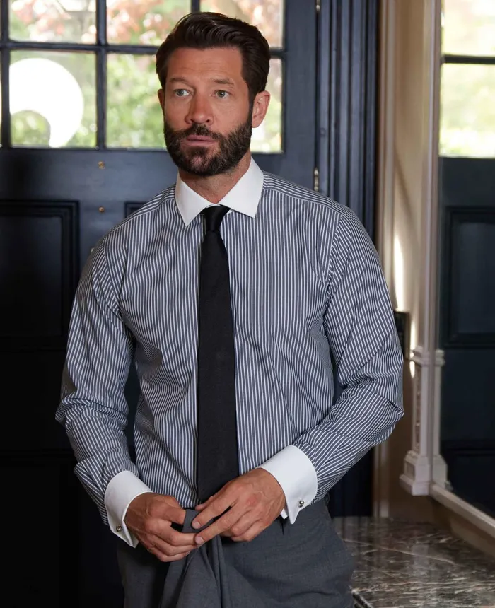 Savile Row Company Dark Navy Reverse Stripe Slim Fit Formal Shirt 8211 White Double Cuffs and Collar Navy Stripe Men Formal Shirts Savile Row Company Dark Navy Reverse Stripe Slim Fit Formal Shirt 8211 White Double Cuffs and Collar Navy Stripe Men Formal Shirts