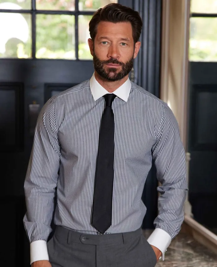 Savile Row Company Dark Navy Reverse Stripe Slim Fit Formal Shirt 8211 White Double Cuffs and Collar Navy Stripe Men Formal Shirts Savile Row Company Dark Navy Reverse Stripe Slim Fit Formal Shirt 8211 White Double Cuffs and Collar Navy Stripe Men Formal Shirts
