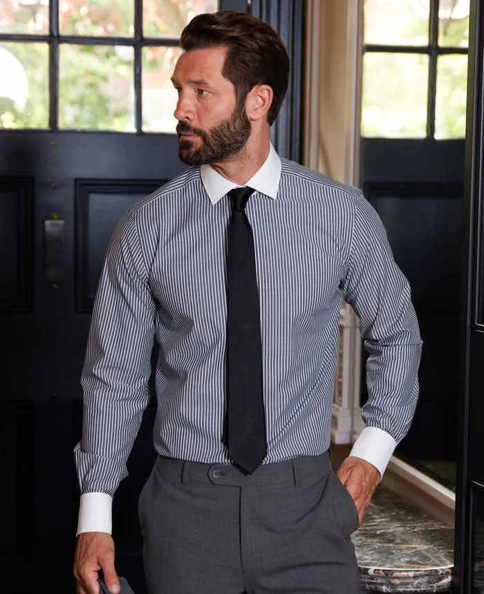 Savile Row Company Dark Navy Reverse Stripe Slim Fit Formal Shirt 8211 White Double Cuffs and Collar Navy Stripe Men Formal Shirts Savile Row Company Dark Navy Reverse Stripe Slim Fit Formal Shirt 8211 White Double Cuffs and Collar Navy Stripe Men Formal Shirts