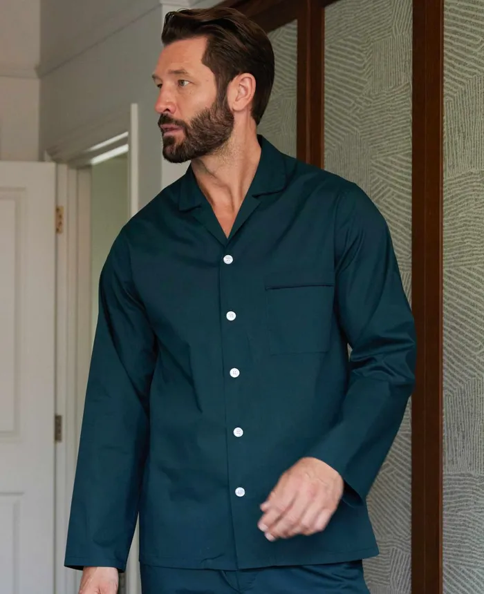 Savile Row Company Forest Green Cotton Pyjamas Green Navy Piping Men Pyjamas