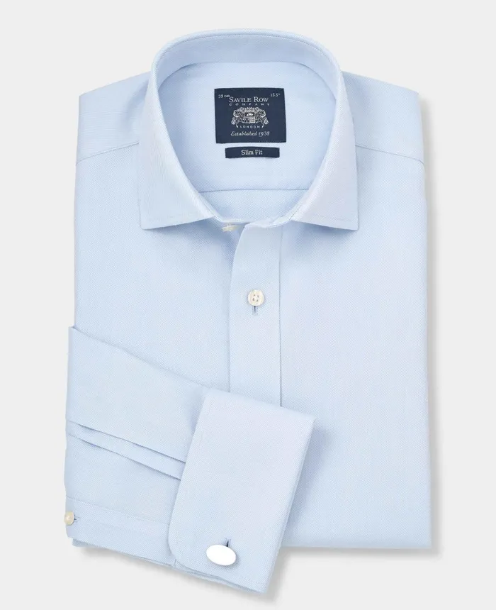 Savile Row Company Light Blue Cotton Twill Slim Fit NonIron Shirt 8211 Double Cuff Blue Men NonIron Shirts