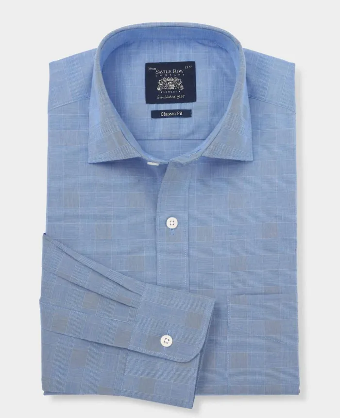 Savile Row Company Navy Cotton Prince Of Wales Check Classic Fit Formal Shirt 8211 Single Cuff Men Formal Shirts