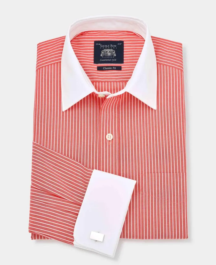 Savile Row Company Red White Poplin Stripe Classic Fit Formal Shirt 8211 Double Cuff Red Reverse Stripe Men Formal Shirts