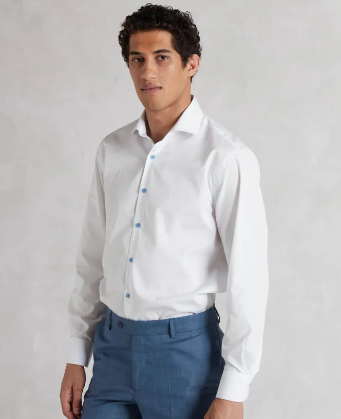 Savile Row Company White Slim Fit Blue Button SmartCasual Shirt 8211 Single Cuff Blue Buttons Men Casual Shirts