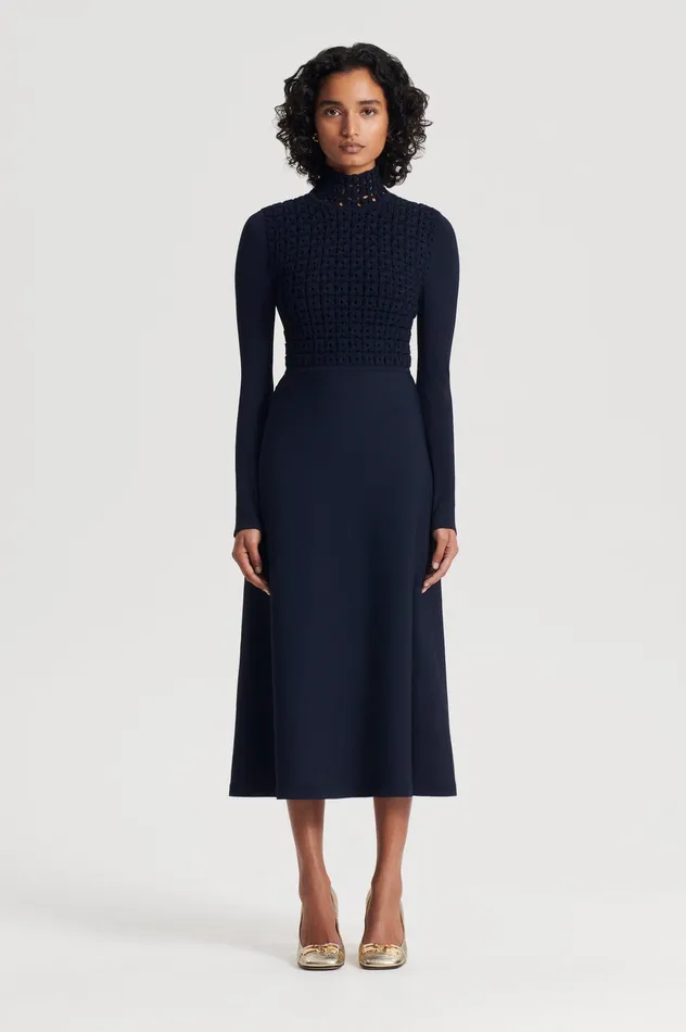 Scanlan Theodore Dresses Women CREPE KNIT DAISY DRESS NAVY Scanlan Theodore Dresses Women CREPE KNIT DAISY DRESS NAVY