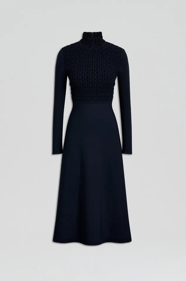 Scanlan Theodore Dresses Women CREPE KNIT DAISY DRESS NAVY Scanlan Theodore Dresses Women CREPE KNIT DAISY DRESS NAVY