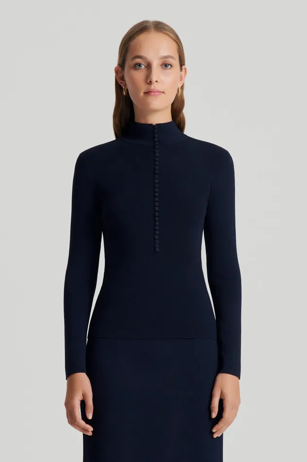 Scanlan Theodore Sweaters Women CREPE KNIT BUTTON POLO SWEATER NAVY
