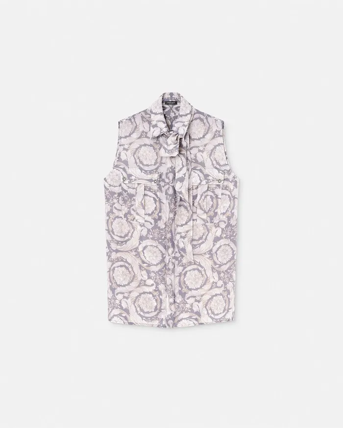 Shirts and Tops Women Versace Barocco Lavallire Silk Crpe Top Gray