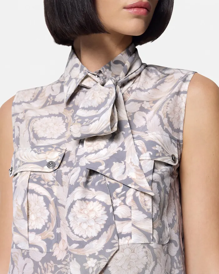 Shirts and Tops Women Versace Barocco Lavallire Silk Crpe Top Gray
