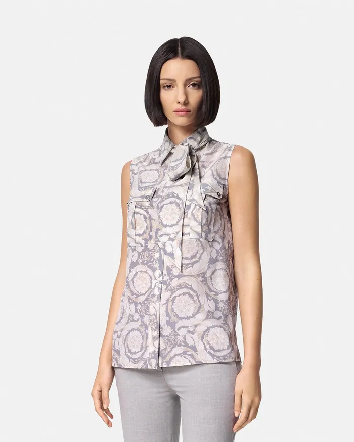 Shirts and Tops Women Versace Barocco Lavallire Silk Crpe Top Gray