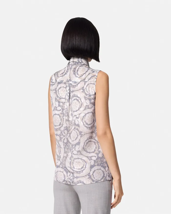 Shirts and Tops Women Versace Barocco Lavallire Silk Crpe Top Gray