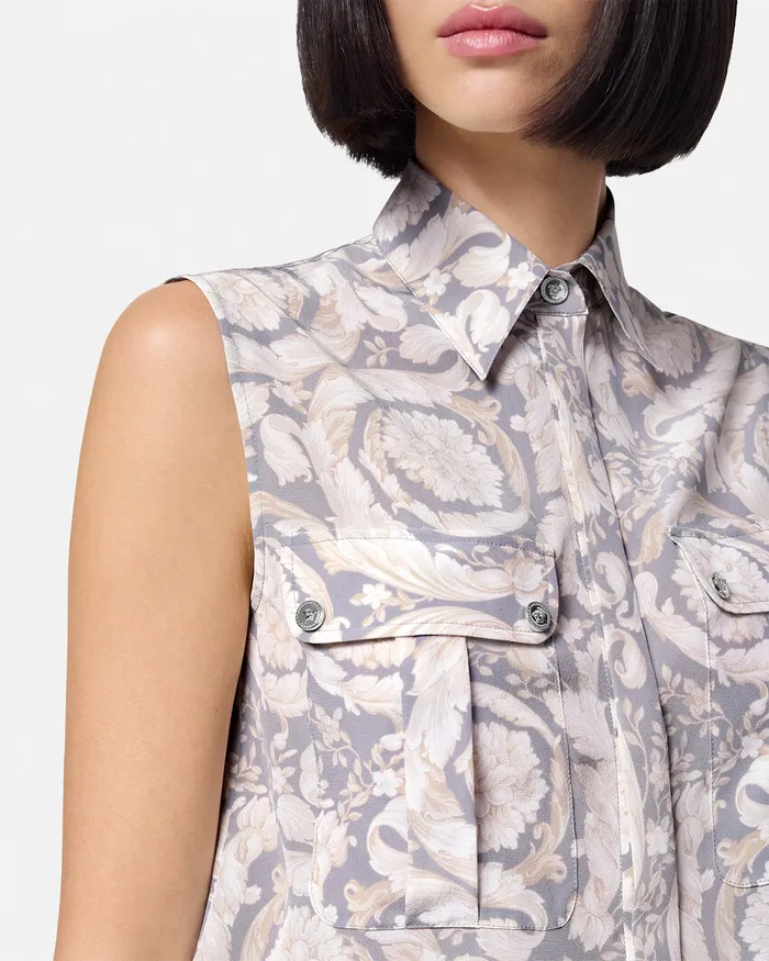 Shirts and Tops Women Versace Barocco Lavallire Silk Crpe Top Gray