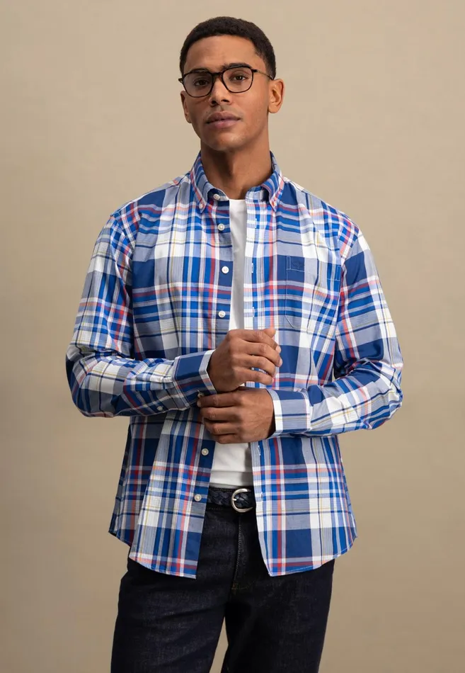 Shirts Men FYNCHHATTON Checked Shirt With Buttondown Collar Poppy Redstrong Blue