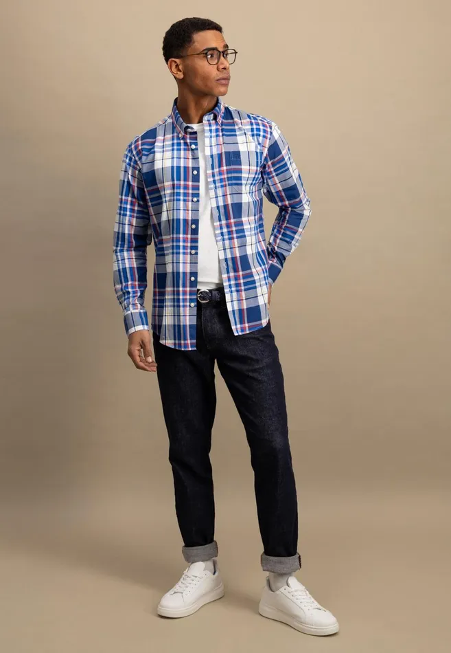 Shirts Men FYNCHHATTON Checked Shirt With Buttondown Collar Poppy Redstrong Blue