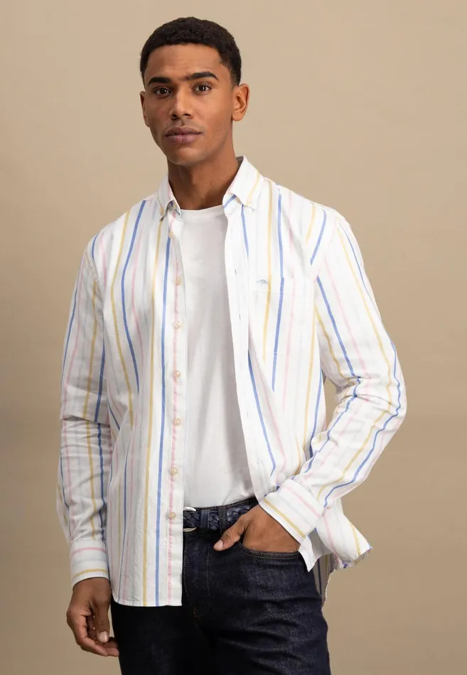Shirts Men FYNCHHATTON Cotton Shirt With Colorful Stripes Vivid Yellowstrong Bluepee