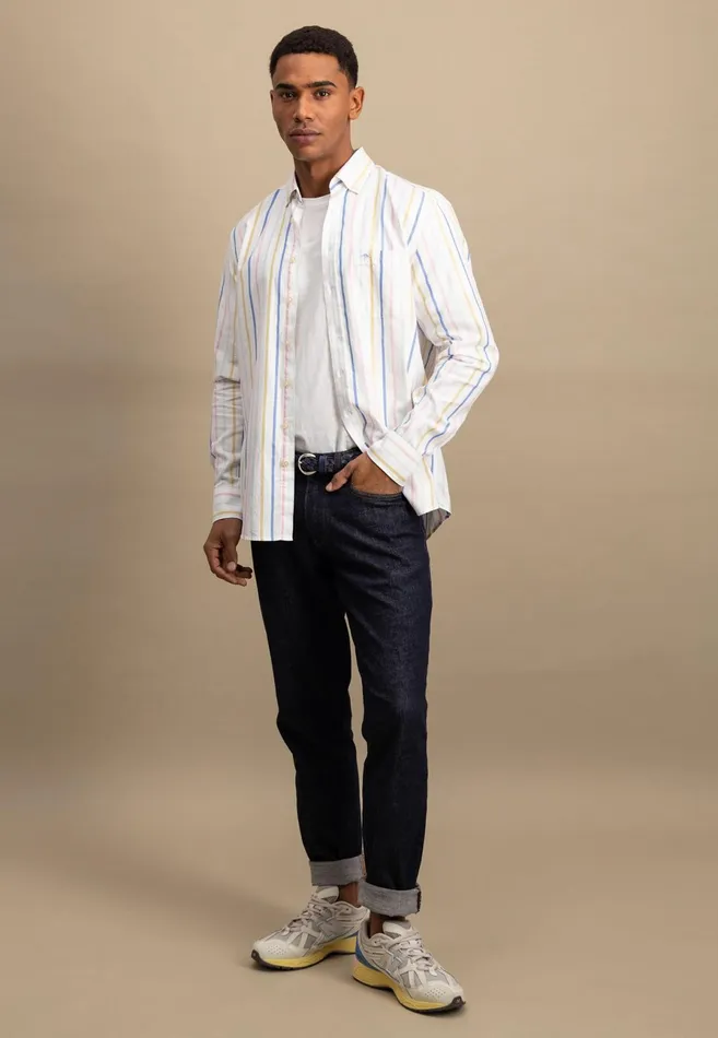 Shirts Men FYNCHHATTON Cotton Shirt With Colorful Stripes Vivid Yellowstrong Bluepee