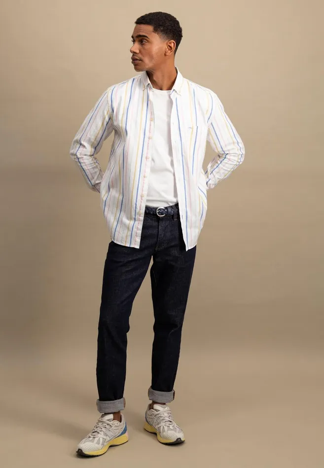Shirts Men FYNCHHATTON Cotton Shirt With Colorful Stripes Vivid Yellowstrong Bluepee