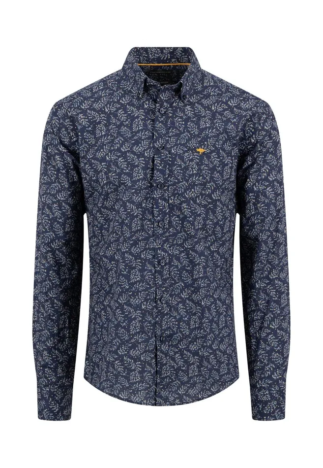 Shirts Men FYNCHHATTON Shirt With Minimal Print And Buttondown Collar Winter Whitehazeldark Navynavydark Blue