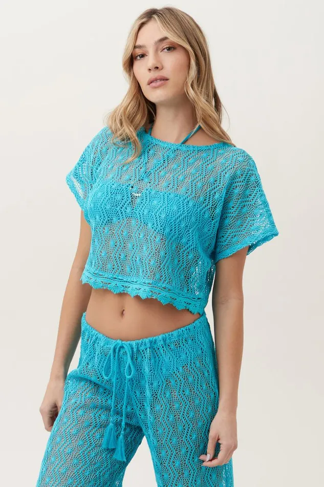 SHOP Trina Turk MATCHING SWIM SETS WOMEN039S WHIM SHEER CROCHET SHORT SLEEVE SWIM COVERUP CROP TOP