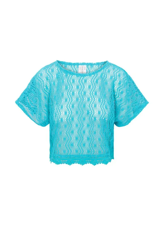 SHOP Trina Turk MATCHING SWIM SETS WOMEN039S WHIM SHEER CROCHET SHORT SLEEVE SWIM COVERUP CROP TOP