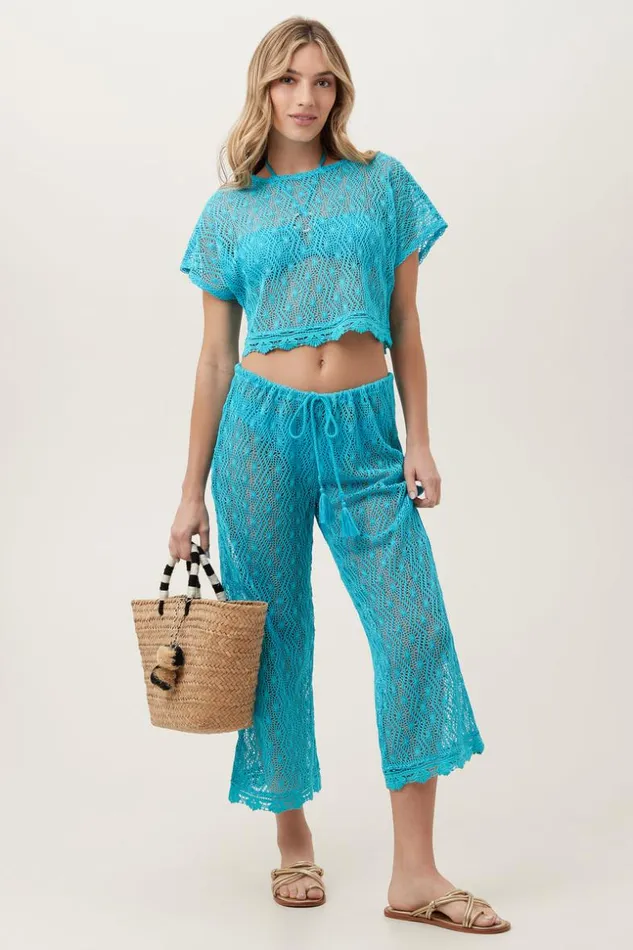 SHOP Trina Turk MATCHING SWIM SETS WOMEN039S WHIM SHEER CROCHET SHORT SLEEVE SWIM COVERUP CROP TOP