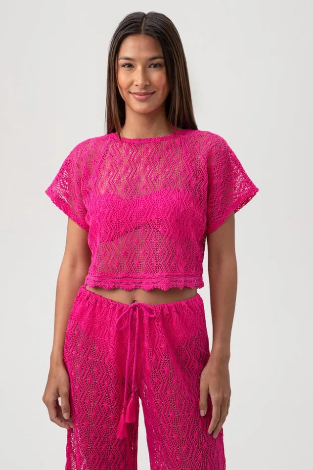 SHOP Trina Turk MATCHING SWIM SETS WOMEN039S WHIM SHEER CROCHET SHORT SLEEVE SWIM COVERUP CROP TOP