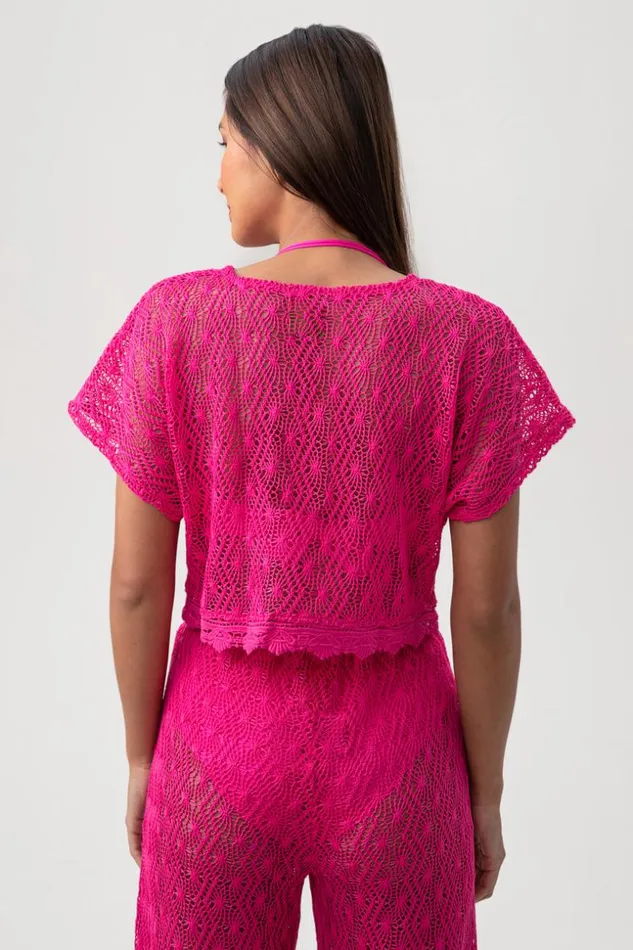 SHOP Trina Turk MATCHING SWIM SETS WOMEN039S WHIM SHEER CROCHET SHORT SLEEVE SWIM COVERUP CROP TOP