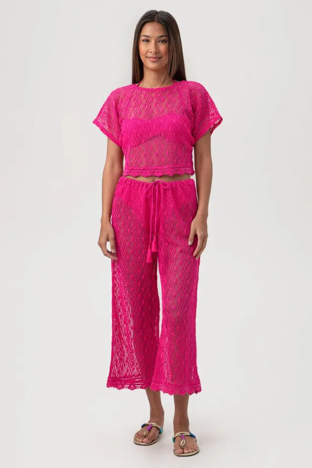 SHOP Trina Turk MATCHING SWIM SETS WOMEN039S WHIM SHEER CROCHET SHORT SLEEVE SWIM COVERUP CROP TOP