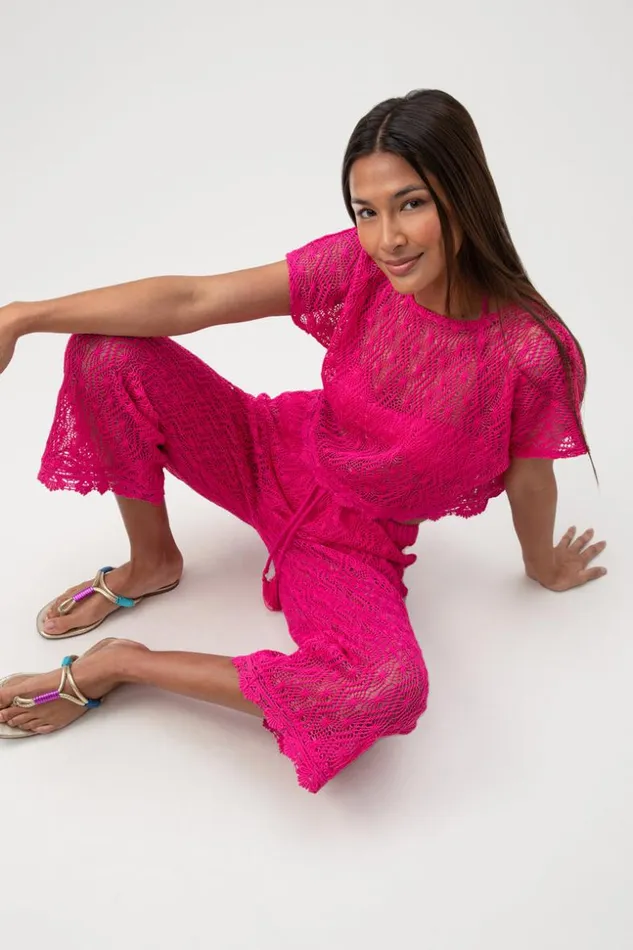 SHOP Trina Turk MATCHING SWIM SETS WOMEN039S WHIM SHEER CROCHET SHORT SLEEVE SWIM COVERUP CROP TOP