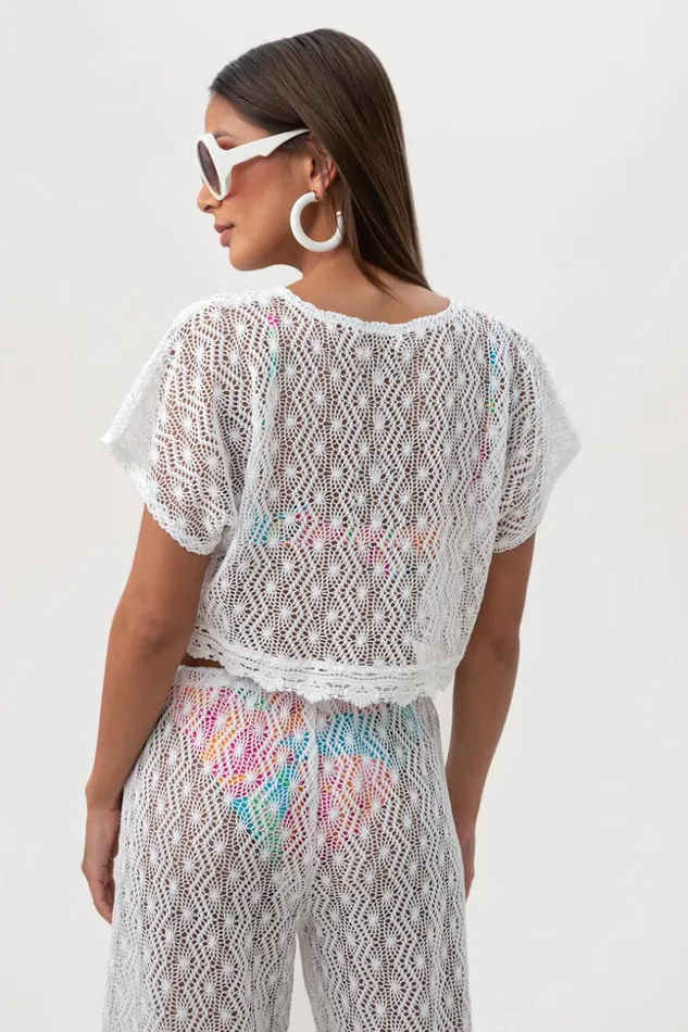 SHOP Trina Turk MATCHING SWIM SETS WOMEN039S WHIM SHEER CROCHET SHORT SLEEVE SWIM COVERUP CROP TOP