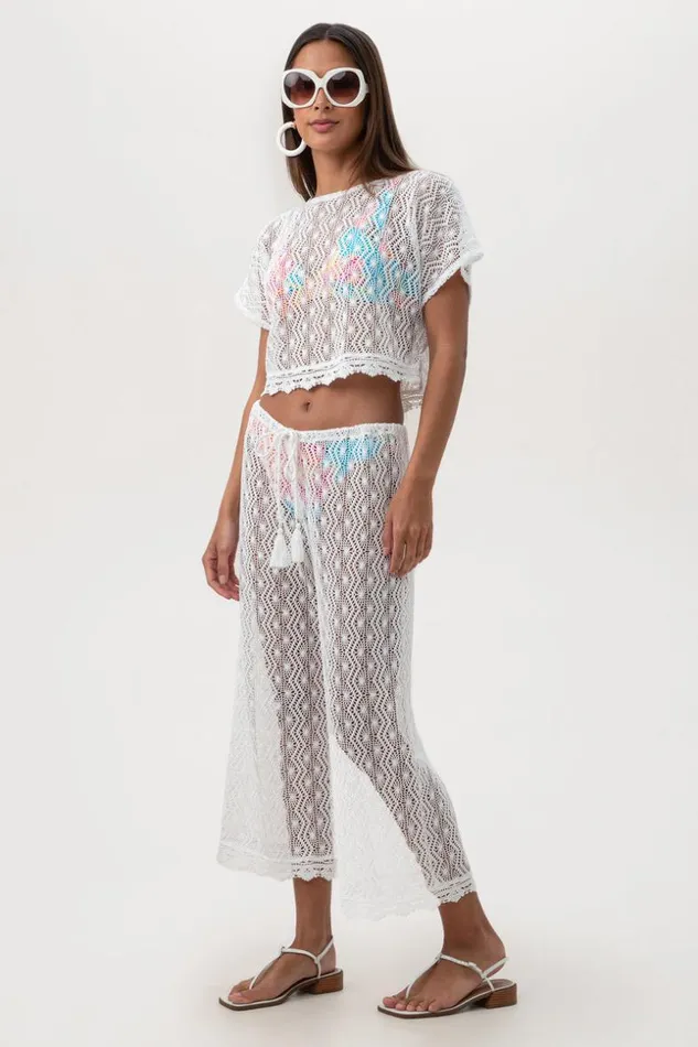 SHOP Trina Turk MATCHING SWIM SETS WOMEN039S WHIM SHEER CROCHET SHORT SLEEVE SWIM COVERUP CROP TOP