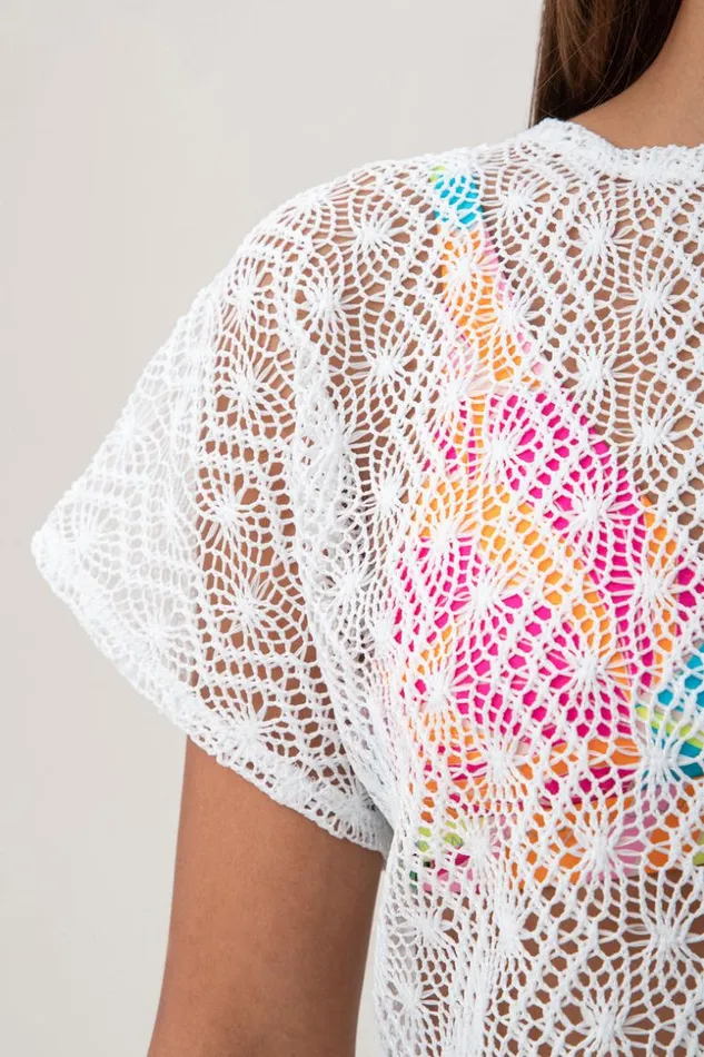 SHOP Trina Turk MATCHING SWIM SETS WOMEN039S WHIM SHEER CROCHET SHORT SLEEVE SWIM COVERUP CROP TOP
