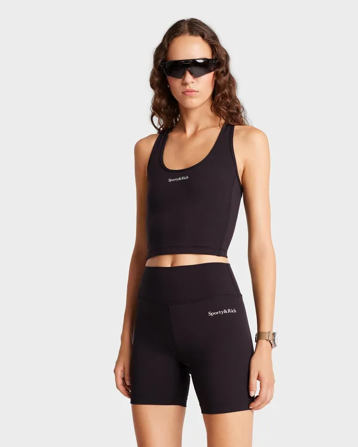 Sporty and Rich Activewear Women Serif Logo Biker Short 8211 BlackWhite