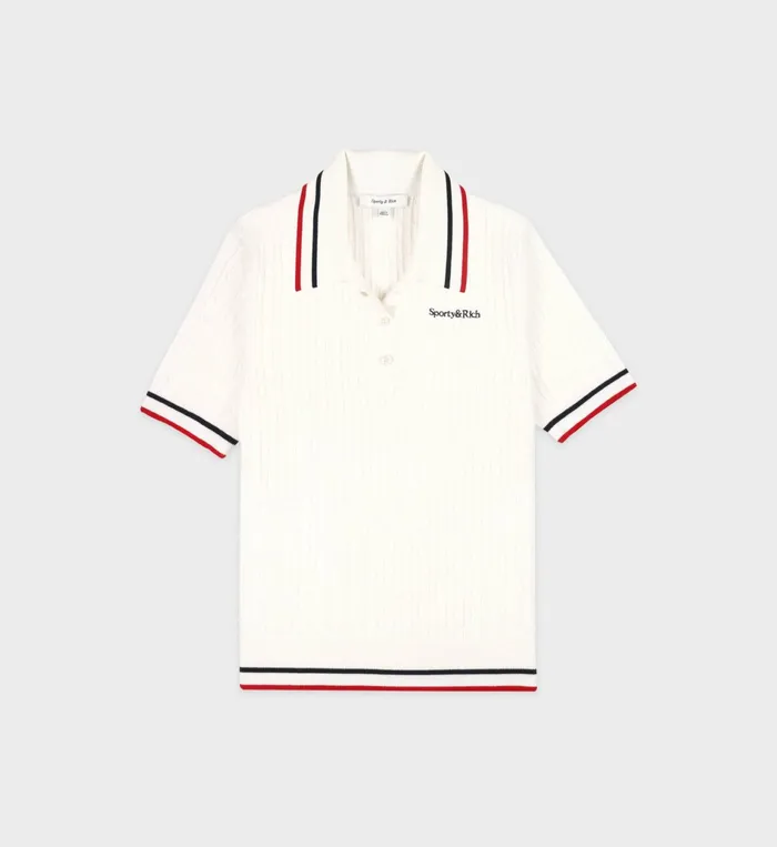 Sporty and Rich Knitwear Women Serif Logo MIni Cable Polo 8211 Off WhiteNavyRed
