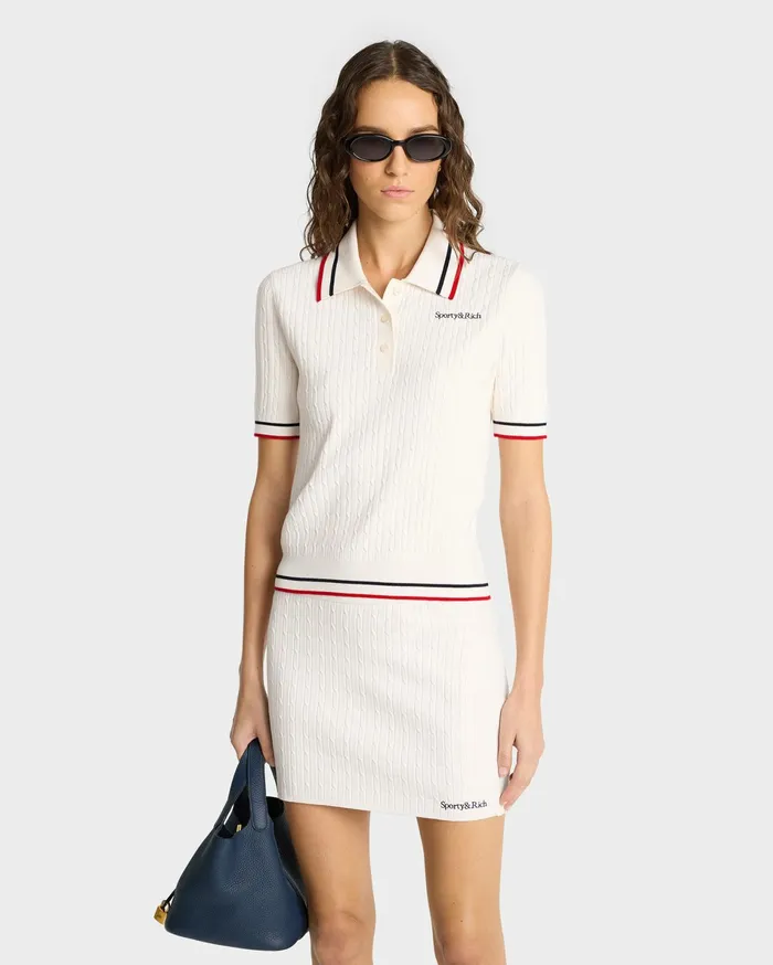 Sporty and Rich Knitwear Women Serif Logo MIni Cable Polo 8211 Off WhiteNavyRed