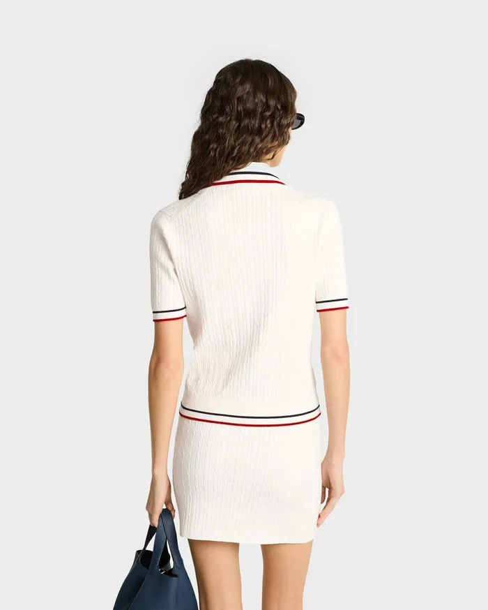 Sporty and Rich Knitwear Women Serif Logo MIni Cable Polo 8211 Off WhiteNavyRed