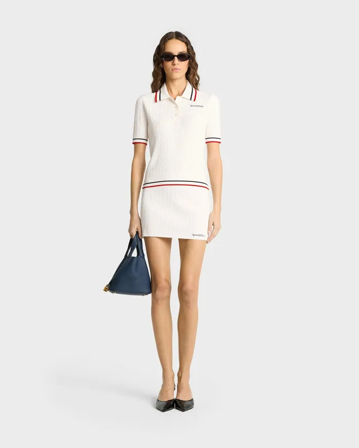 Sporty and Rich Knitwear Women Serif Logo MIni Cable Polo 8211 Off WhiteNavyRed