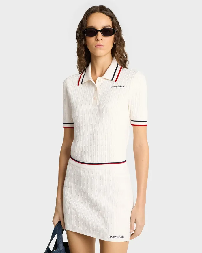 Sporty and Rich Skirts and Dresses Women Serif Logo Mini Cable Skirt 8211 Off WhiteNavyRed