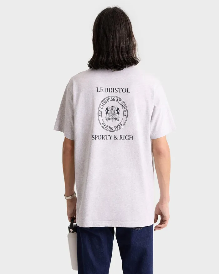 Sporty and Rich TShirts and Tops Women Crest Seal 100th T Shirt 8211 Heather GrayNavy