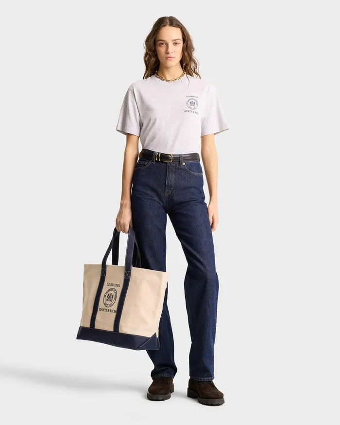 Sporty and Rich TShirts and Tops Women Crest Seal 100th T Shirt 8211 Heather GrayNavy