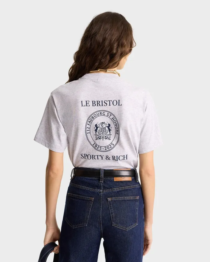 Sporty and Rich TShirts and Tops Women Crest Seal 100th T Shirt 8211 Heather GrayNavy