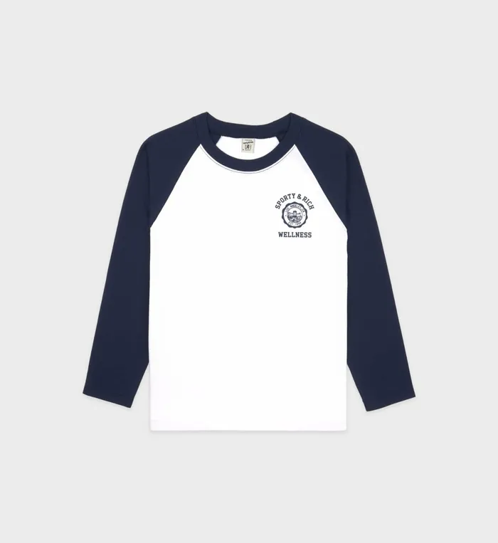 Sporty and Rich TShirts and Tops Women Emblem Baseball Tee 8211 WhiteNavy