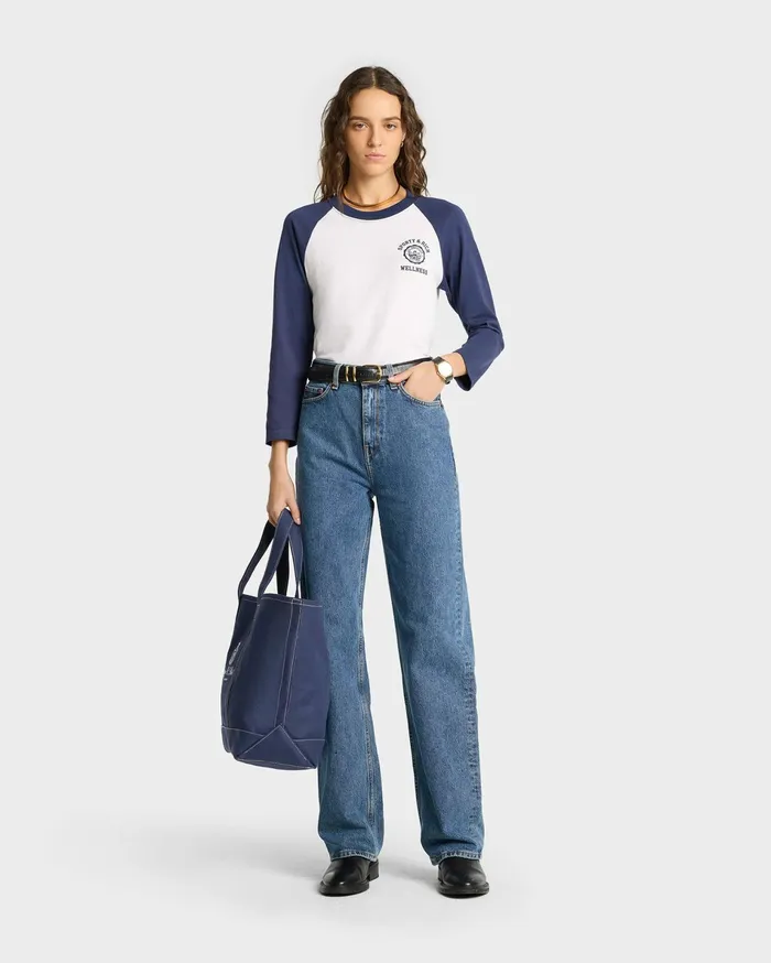 Sporty and Rich TShirts and Tops Women Emblem Baseball Tee 8211 WhiteNavy
