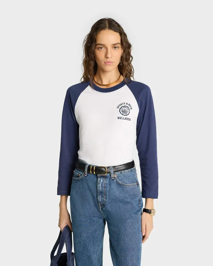 Sporty and Rich TShirts and Tops Women Emblem Baseball Tee 8211 WhiteNavy