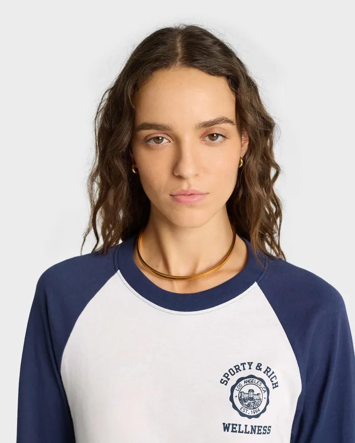 Sporty and Rich TShirts and Tops Women Emblem Baseball Tee 8211 WhiteNavy