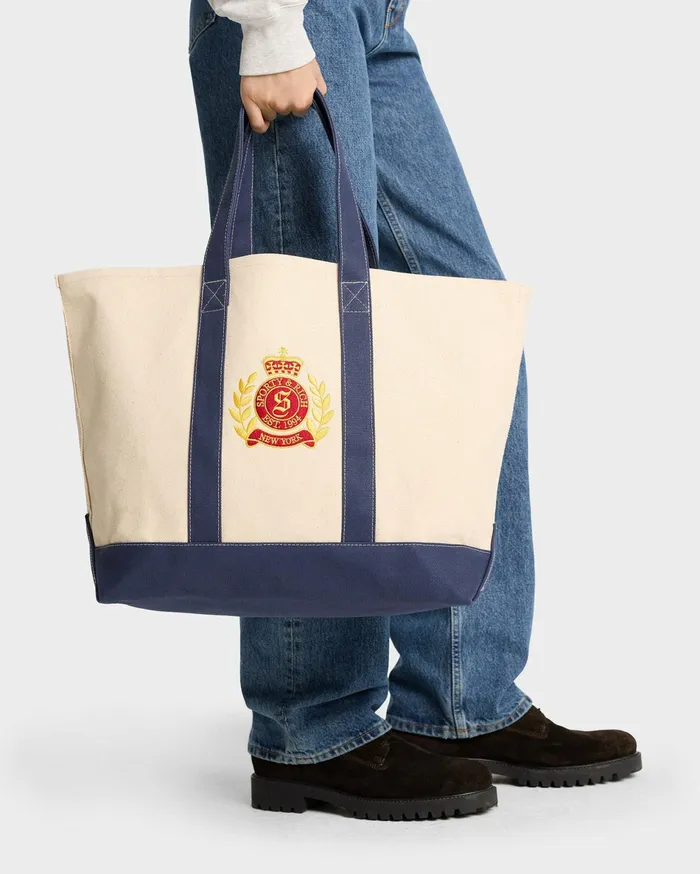 Sporty and Rich Tote Bags Women NY Crest Tote Bag 8211 NaturalNavyGold
