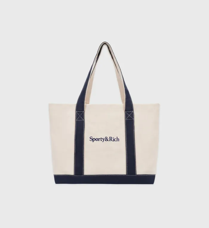 Sporty and Rich Tote Bags Women Serif Logo Tote Bag 8211 NaturalNavy