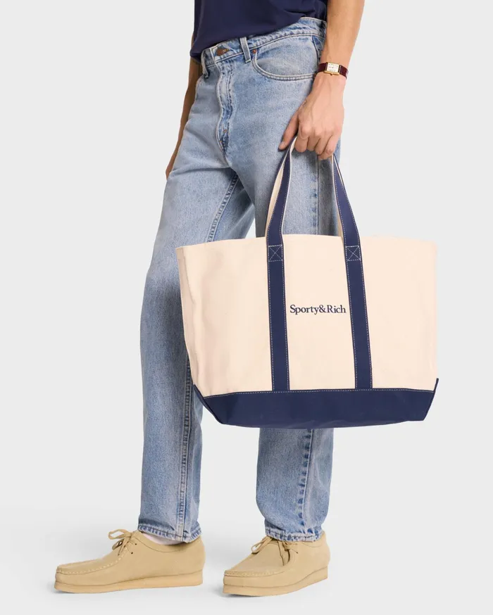 Sporty and Rich Tote Bags Women Serif Logo Tote Bag 8211 NaturalNavy